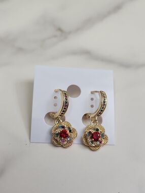 Multicolor Dangle Flower Gold-filled Huggies Earring